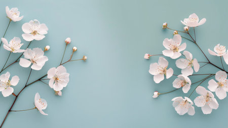A bouquet of delicate white flowers with hints of red accents stands gracefully in a vase, set against a calming turquoise background, capturing a serene and elegant atmosphere.の素材