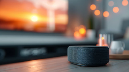 A close-up view of a speaker cone surrounded by blurred colorful lights, creating a vibrant atmosphere in a music studio. The focus on the speaker highlights its texture and design.の素材