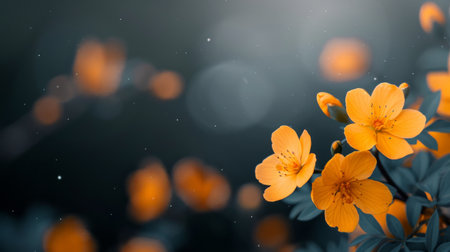 Delicate yellow flowers are blooming brightly, contrasting with a softly blurred dark backdrop, creating a serene and peaceful atmosphere.の素材