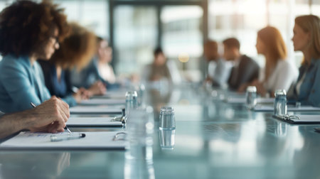 A diverse group of professionals engages in a discussion at a long conference table in a modern office, with individuals taking notes and sharing ideas in an open, collaborative environment.の素材