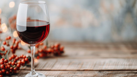 A glass of red wine sits elegantly on a rustic wooden table, surrounded by vibrant berries. Soft lighting creates a warm atmosphere, perfect for a cozy evening gathering.の素材