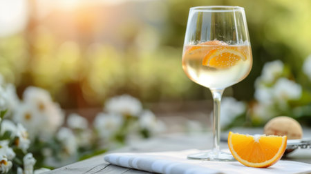 A clear glass filled with white wine sits on a table alongside vibrant orange slices and whole oranges, creating a refreshing and inviting atmosphere highlighted by warm, glowing lights in the background.の素材