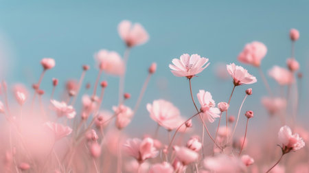 A stunning display of vibrant pink wildflowers blankets the ground in a desert valley, with mountains rising in the background under a bright blue sky, creating a picturesque landscape in full bloom.の素材