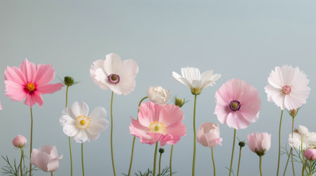 A variety of white flowers, including daisies and roses, are arranged beautifully against a neutral backdrop, showing their delicate petals and unique shapes in soft lighting.の素材