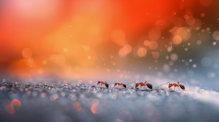A line of ants traverses a gravel road as the sun sets, casting a warm, golden glow in the background, highlighting their path and creating a serene atmosphere.の素材