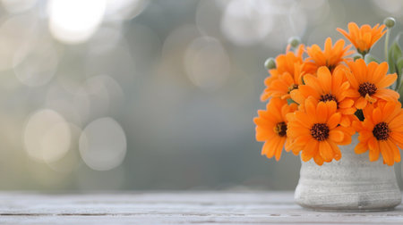 A cheerful arrangement of bright orange flowers fills a rustic pot, resting on a weathered wooden table, with soft bokeh in the background creating a serene, outdoor atmosphere.の素材