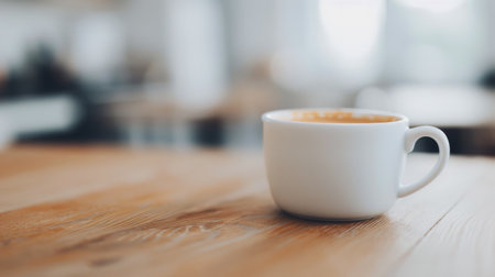 A blue mug with white polka dots sits on a rustic wooden table, steam rising from the hot beverage inside. The soft glow of lights in the blurred background creates a warm and inviting atmosphere.の素材
