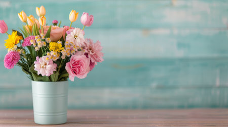 A vibrant bouquet featuring tulips, daisies, and roses sits in a mint green vase, showcasing an array of colors against a soft teal wooden backdrop, creating a cheerful and inviting atmosphere.の素材