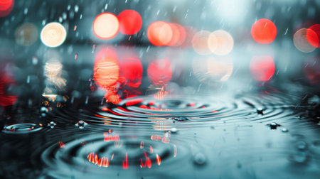 Raindrops fall onto a tranquil surface, creating gentle ripples. A soft bokeh effect in the background adds a colorful, dreamy quality, enhancing the serene atmosphere of the moment.の素材