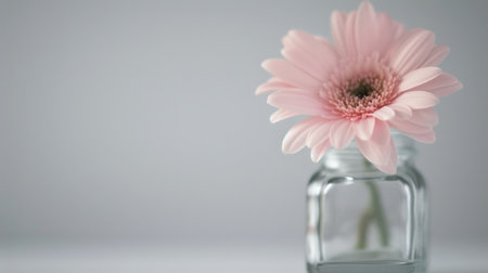 A delicate pink flower stands in a clear glass jar filled with water, placed on a wooden surface. A soft, dreamy background creates a warm, inviting atmosphere, enhancing the flower's beauty.の素材