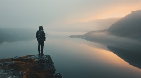 A lone figure stands atop a snow-covered mountain, gazing at the vibrant sunrise illuminating the horizon, surrounded by fog and distant peaks, creating a serene winter atmosphere.の素材