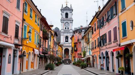 A vibrant street in Oaxaca showcases orange and yellow buildings, lined by black lampposts and wet cobblestones reflecting the sky above, creating a charming atmosphere on a rainy day.の素材