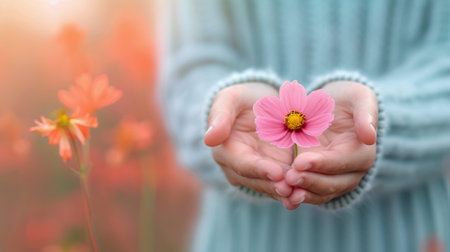 Two hands gently cradle a small plant with white and pink flowers, showing a moment of care and tenderness in a softly lit environment.の素材