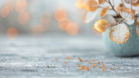 A golden leaf rests beside delicate white berries on a smooth gray surface, illuminated by soft, natural light that enhances the textures and colors of the natural elements.の素材