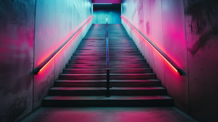 Colorful neon lights illuminate the steps of a modern staircase, creating a vibrant atmosphere in an urban setting during the night.の素材