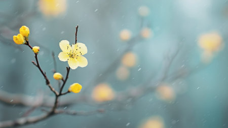 A solitary yellow flower blooms at the end of a slender branch, with soft morning light illuminating its petals. A misty atmosphere creates a serene backdrop, enhancing the tranquility of the setting.の素材
