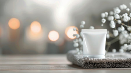 A small jar of moisturizing cream sits on a wooden table, surrounded by soft candlelight. Delicate white flowers add elegance to the setting, creating a serene and inviting atmosphere perfect for relaxation.の素材
