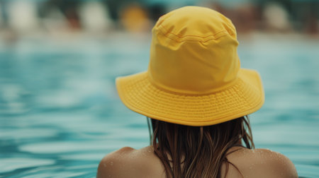 A young woman wearing a bright yellow swim cap smiles gently while floating in a clear blue pool on a sunny day, surrounded by a serene landscape of green trees and sunshine.の素材
