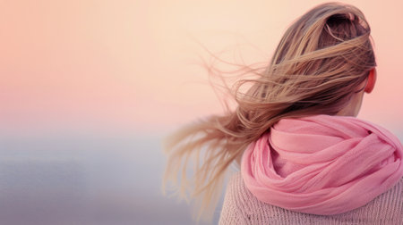 A young woman with flowing hair smiles warmly, wrapped in a soft pink scarf, surrounded by a serene snowy landscape. The cold weather contrasts beautifully with her cheerful expression.の素材