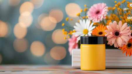Two bright yellow jars of preserves sit on a wooden table beside a vibrant bouquet of flowers, showcasing a cheerful atmosphere at a sunny outdoor market.の素材