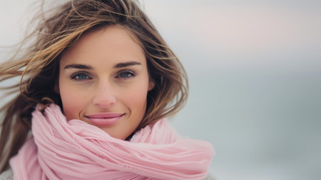 A young woman with flowing hair smiles warmly, wrapped in a soft pink scarf, surrounded by a serene snowy landscape. The cold weather contrasts beautifully with her cheerful expression.の素材