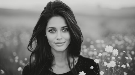 A young woman with long dark hair smiles softly while surrounded by blooming flowers in a field. The black and white setting accentuates her serene expression and the beauty of the natural landscape.の素材
