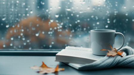 A warm cup of tea rests beside an open book on a windowsill, while soft autumn light filters through the glass, highlighting delicate flowers and foliage outside.の素材