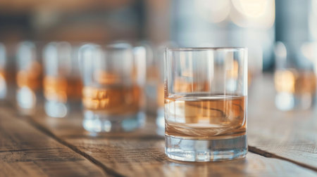 A clear glass holding a rich amber whiskey rests on a rustic wooden table surrounded by a warm and inviting atmosphere, illuminated by soft bokeh lighting in a bar during the evening.の素材