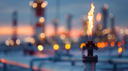 A gas flame burns brightly atop a pipe at an oil refinery, with a vibrant sunset and blurred lights in the background, highlighting the complexity of industrial operations.の素材