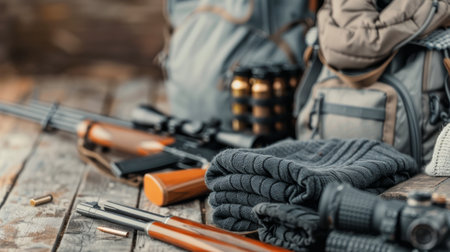 A rustic cabin interior showcases various hunting gear, including rifles on a wooden shelf, outdoor clothing, and organized camping supplies, creating an inviting atmosphere for outdoor enthusiasts.の素材