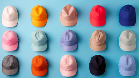 A diverse collection of caps in various colors and patterns is neatly arranged on display. The backdrop features a light blue wall, highlighting the caps' vibrant hues under natural light.の素材