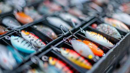 Various vibrant fishing lures are neatly arranged in bins, showcasing a range of colors and designs suited for different fishing applications in a local tackle shop.の素材