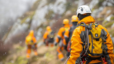 A team of climbers navigates a snow-covered slope, displaying determination and teamwork during a challenging winter expedition. The cold weather and rugged landscape create a striking backdrop for their adventure.の素材