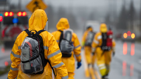 Emergency responders dressed in yellow protective suits and masks work diligently amid rainy conditions, preparing to address a critical situation as vehicles and safety equipment are visible in the background.の素材