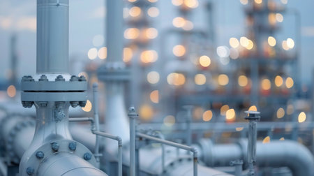 A close-up view of a metallic pipeline showcasing a pressure gauge mounted on a valve, highlighting industrial processes and equipment in a manufacturing environment.の素材