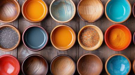 Various bowls filled with vibrant spices and dyes are neatly organized on a rustic wooden table, showing an array of colors and textures in a creative kitchen setup.の素材