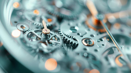 The detailed workings of a black and gold watch are showcased, highlighting the intricate gears and cogs that drive its movement. This close-up emphasizes the craftsmanship and engineering of the timepiece.の素材