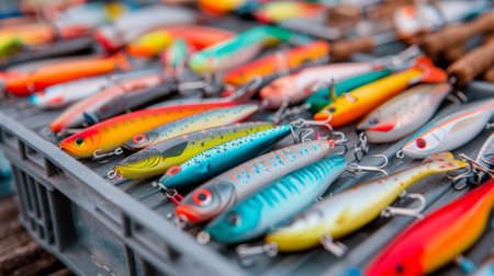 Various vibrant fishing lures are neatly arranged in bins, showcasing a range of colors and designs suited for different fishing applications in a local tackle shop.の素材