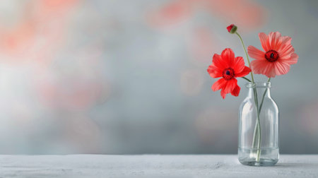 Two vibrant red gerberas are elegantly displayed in a clear glass vase filled with water, set against a softly blurred blue backdrop, creating a refreshing and cheerful atmosphere.の素材