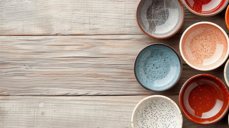A collection of handmade ceramic bowls in various colors and textures is neatly arranged on a weathered wooden table. Each bowl displays unique patterns and finishes, showcasing artisanal craftsmanship.の素材