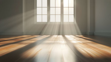 Sunlight streams through the slatted openings, creating sharp geometric shadows on a smooth concrete wall and floor, highlighting the minimalist aesthetic of the interior space.の素材