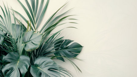 A vibrant arrangement of palm leaves spreads across a light beige surface, showing their rich green hues and intricate patterns, creating a fresh and natural atmosphere.の素材
