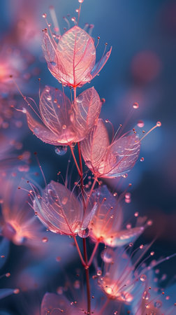 Close-up view of a flower showing water droplets on the petals, glistening under the sunlight.の素材