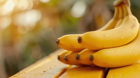 A cluster of ripe yellow bananas alongside a lemon rests on a vibrant yellow background, creating a cheerful and fresh aesthetic that highlights the natural colors and textures of the fruits.の素材