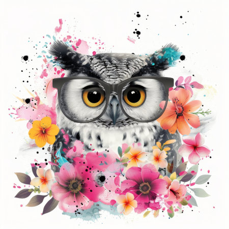 An adorable owl with glasses is nestled among vibrant pink flowers and lush green leaves, showing a whimsical, nature-inspired design. This charming illustration captures a serene, enchanting atmosphere.の素材
