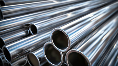 A stack of steel pipes arranged vertically on top of each other in a construction site.の素材