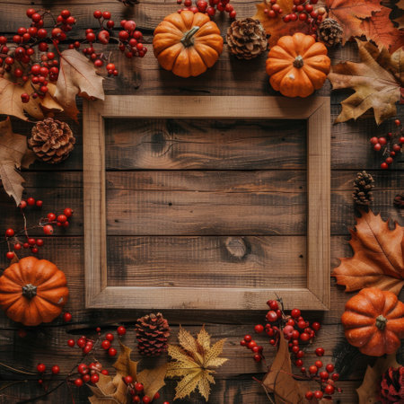A white picture frame is surrounded by fall-themed decorations, including pumpkins, gourds, fall leaves, and berries. The frame sits on a white wooden background.の素材