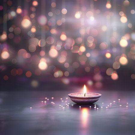 A diya floats serenely on water, casting a warm glow as small lights twinkle in the background, creating a magical atmosphere at night. The reflection enhances the tranquil beauty of the setting.の素材