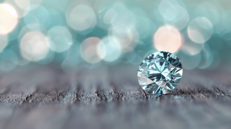 A brilliant blue gemstone rests on a reflective surface, capturing light against a soft, blurred background filled with warm bokeh highlights, creating a captivating and elegant atmosphere.の素材