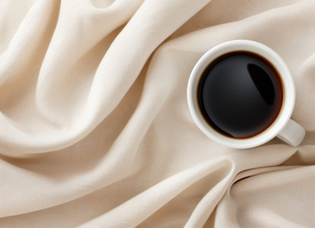A white mug filled with black coffee rests atop gently draped cream fabric, creating a warm and inviting atmosphere, perfect for a morning routine or a cozy moment.の素材
